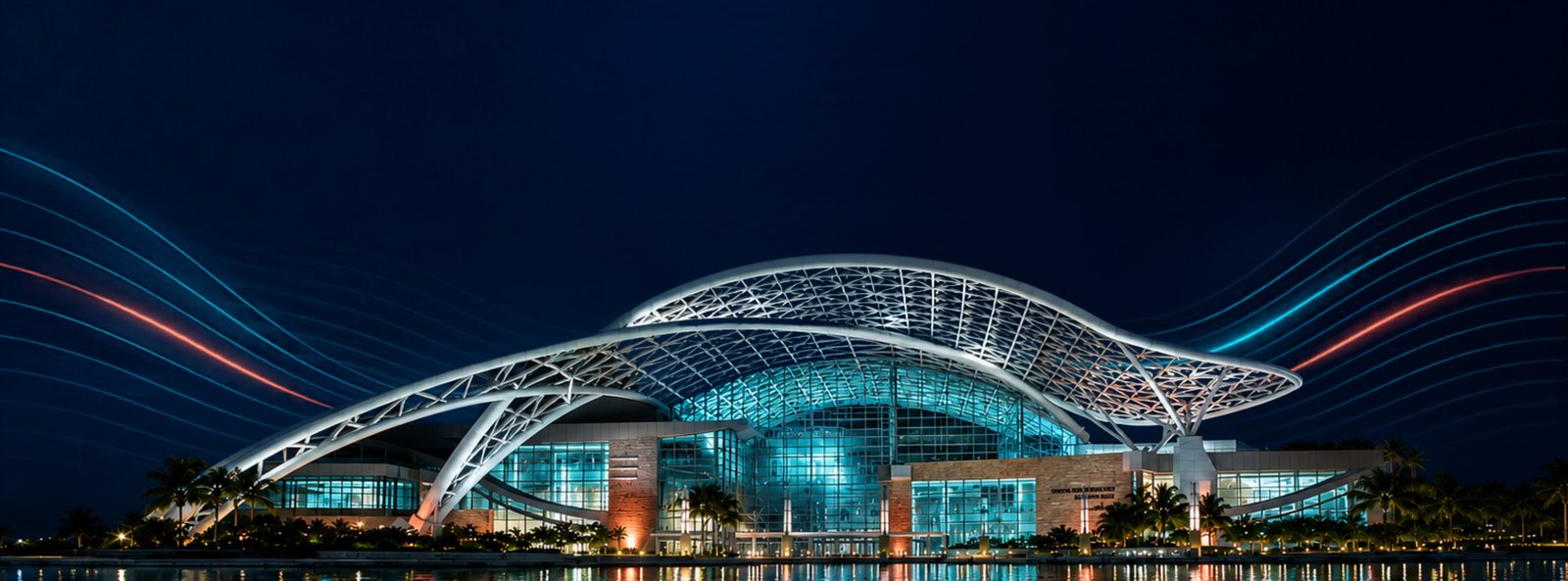 The Puerto Rico Convention Center in San Juan at night, its white lattice roof lit from below over teal glass, palm trees and still water in front, with the Caribbean AI Summit's teal and coral wave lines sweeping across the dark sky.