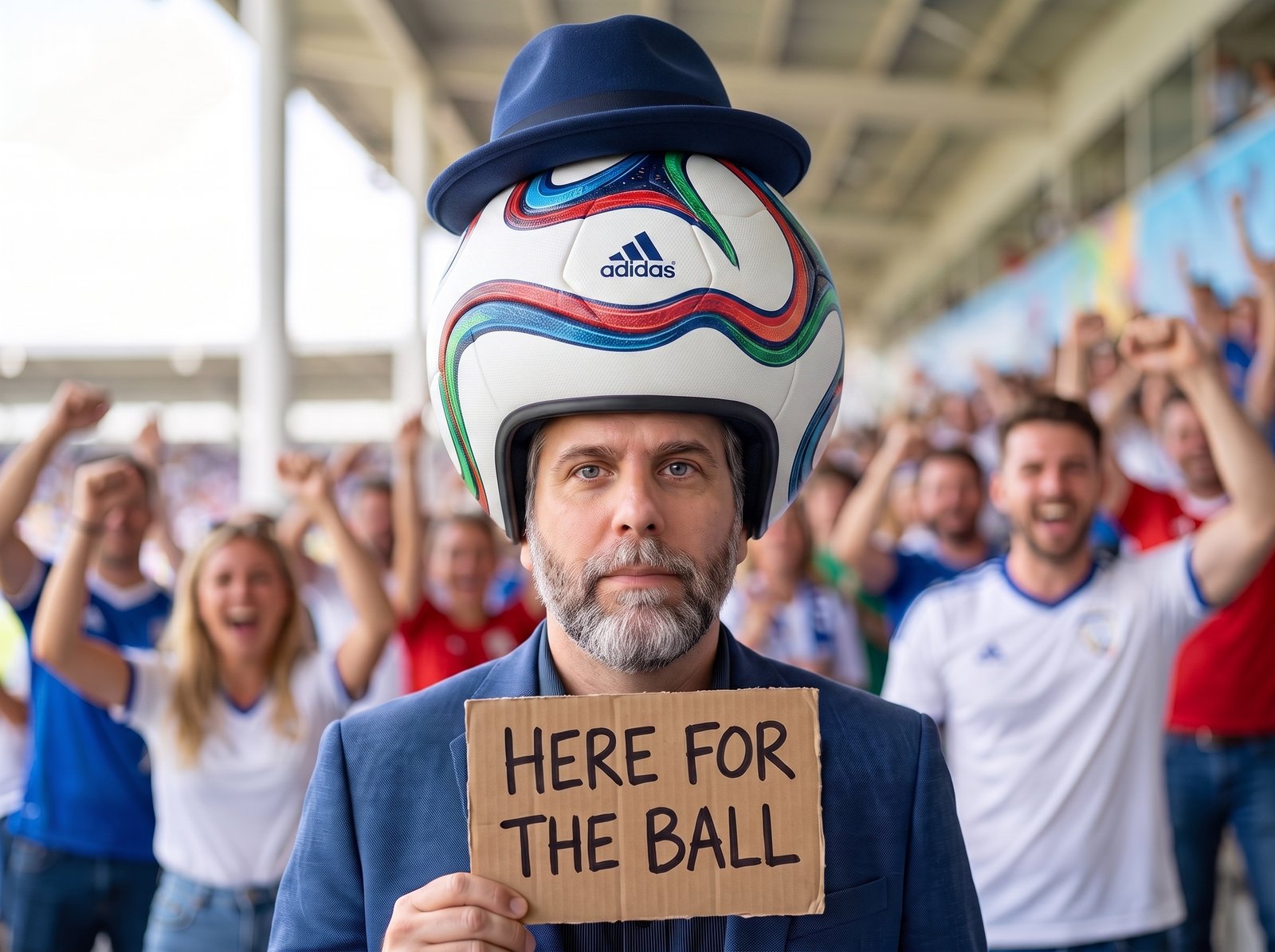 Edward Roske wearing the World Cup smart ball as a helmet with his blue fedora perched on top of it, holding a cardboard sign that reads HERE FOR THE BALL, deadpan, in a crowd of cheering fans.
