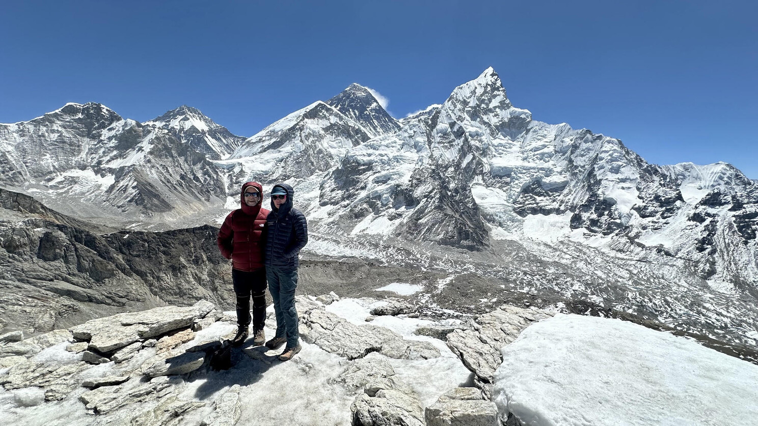 Dawn and Edward Roske at 18,571 feet with Everest and the Himalayas behind them