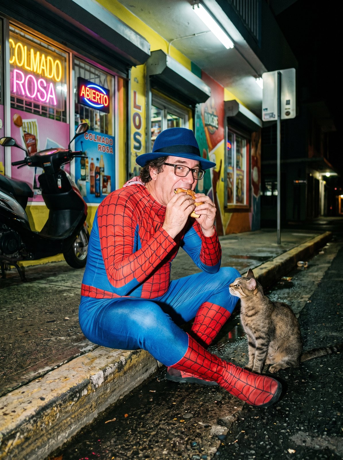 Edward Roske in the web-patterned suit and his blue fedora, sitting on a curb outside a neon-lit San Juan corner store at night eating a sandwich with both hands while a tabby street cat sits beside him, watching the sandwich intently.