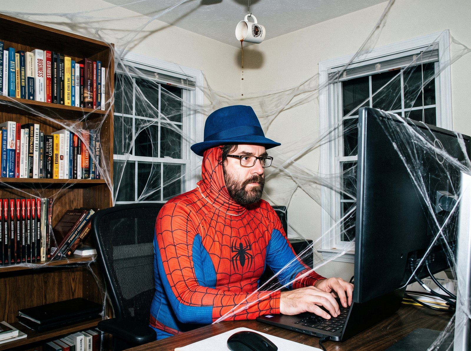 Edward Roske in the web-patterned suit and his blue fedora, typing calmly at a home-office laptop in a room criss-crossed with white webbing across the bookshelves, windows and monitor, while a coffee mug stuck to the ceiling drips above his head.