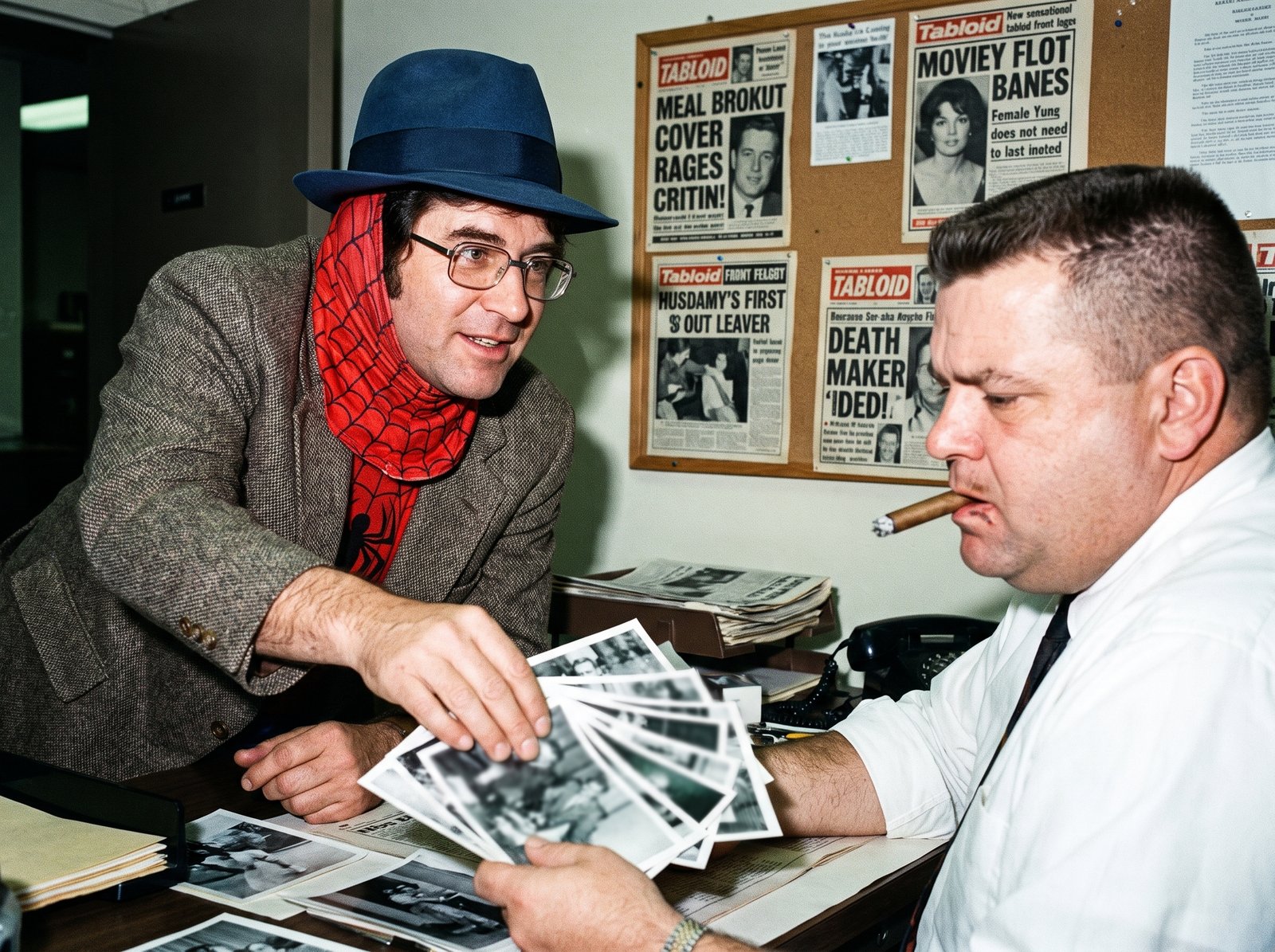 Edward Roske in his blue fedora, a red web-patterned mask bunched around his neck and a tweed blazer over the costume, leaning across a cluttered newsroom desk to slide a fan of black-and-white photographs toward an unimpressed cigar-chewing editor, under a corkboard of tabloid front pages.