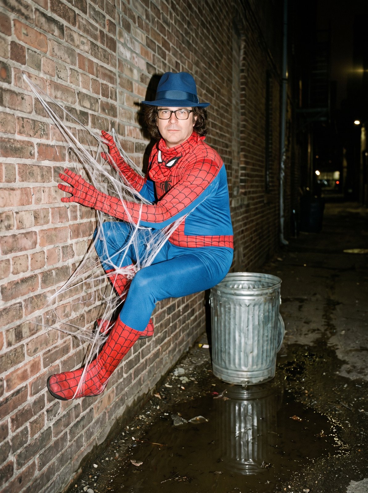Edward Roske in the web-patterned suit and his blue fedora, clinging to a brick alley wall at night and thoroughly tangled in white webbing, wearing an expression of calm acceptance, with a metal trash can and a puddle below him.