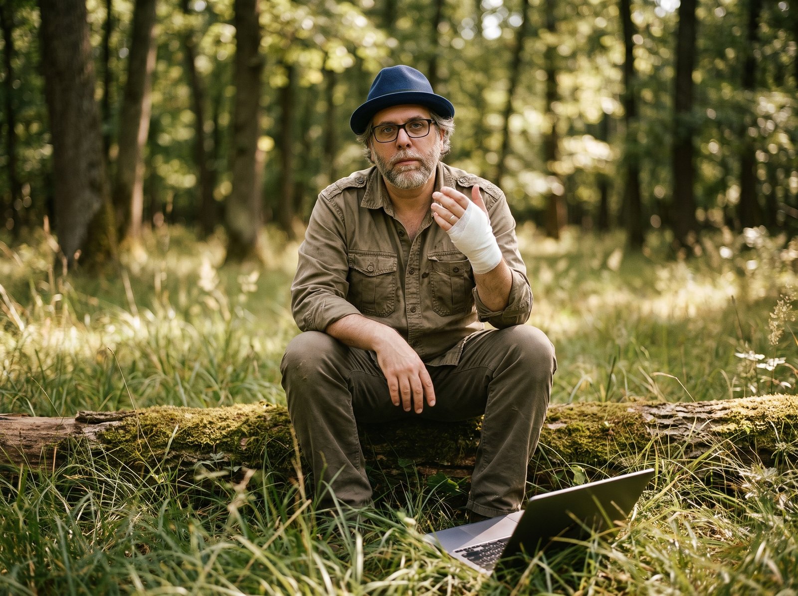Edward Roske in his blue fedora sitting on a mossy fallen log in a sunlit forest, calmly holding up his bandaged right hand, with an open laptop sitting in the tall grass at his feet.