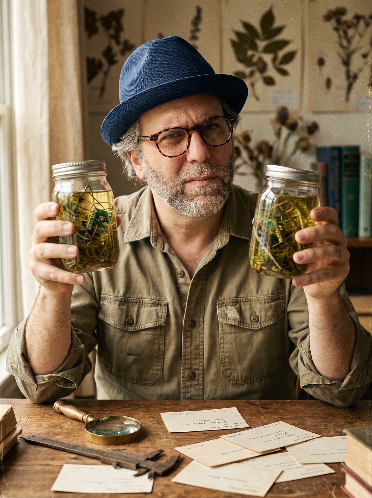 Edward Roske in his blue fedora at a field workbench, holding two nearly identical glass specimen jars up to the light and comparing them with a skeptical squint.