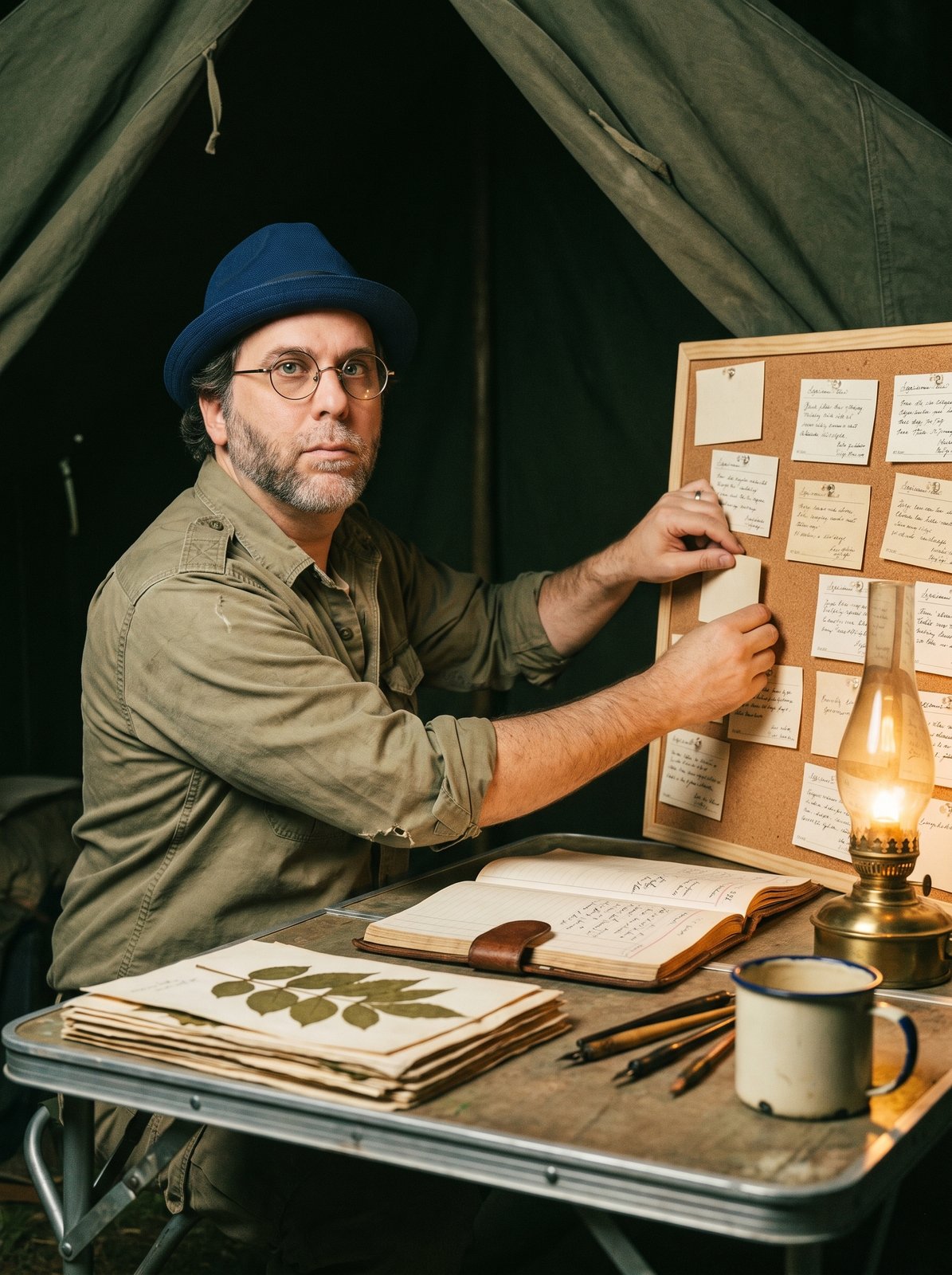 Edward Roske in his blue fedora working at night inside a canvas field tent by the light of a brass oil lamp, pinning a specimen card to a corkboard already covered with dozens of them.