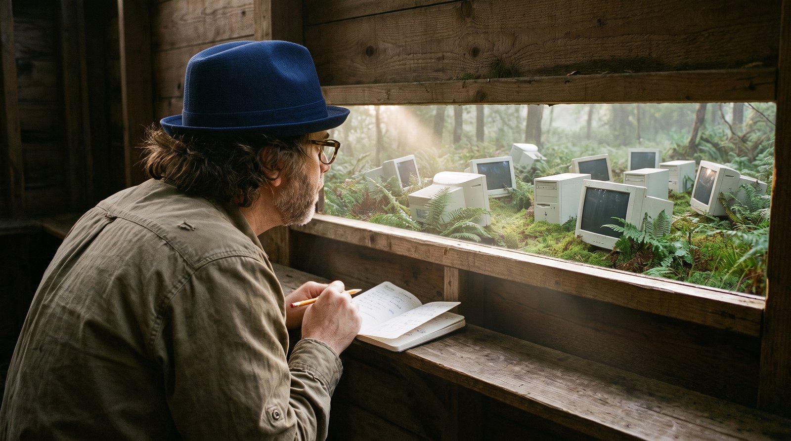 Edward Roske in his blue fedora, seen from behind inside a wooden birdwatching hide, taking notes in pencil while watching a scattering of old beige computer monitors standing in the moss and ferns of a misty dawn clearing.
