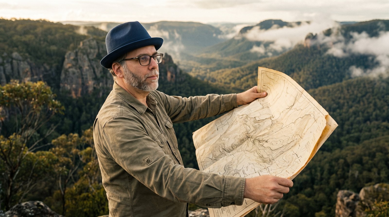 Edward Roske in his blue fedora on a high ridge at first light, holding a large unfolded paper survey map open in both hands, looking out past it over a wide valley of forest, cliffs and drifting cloud.