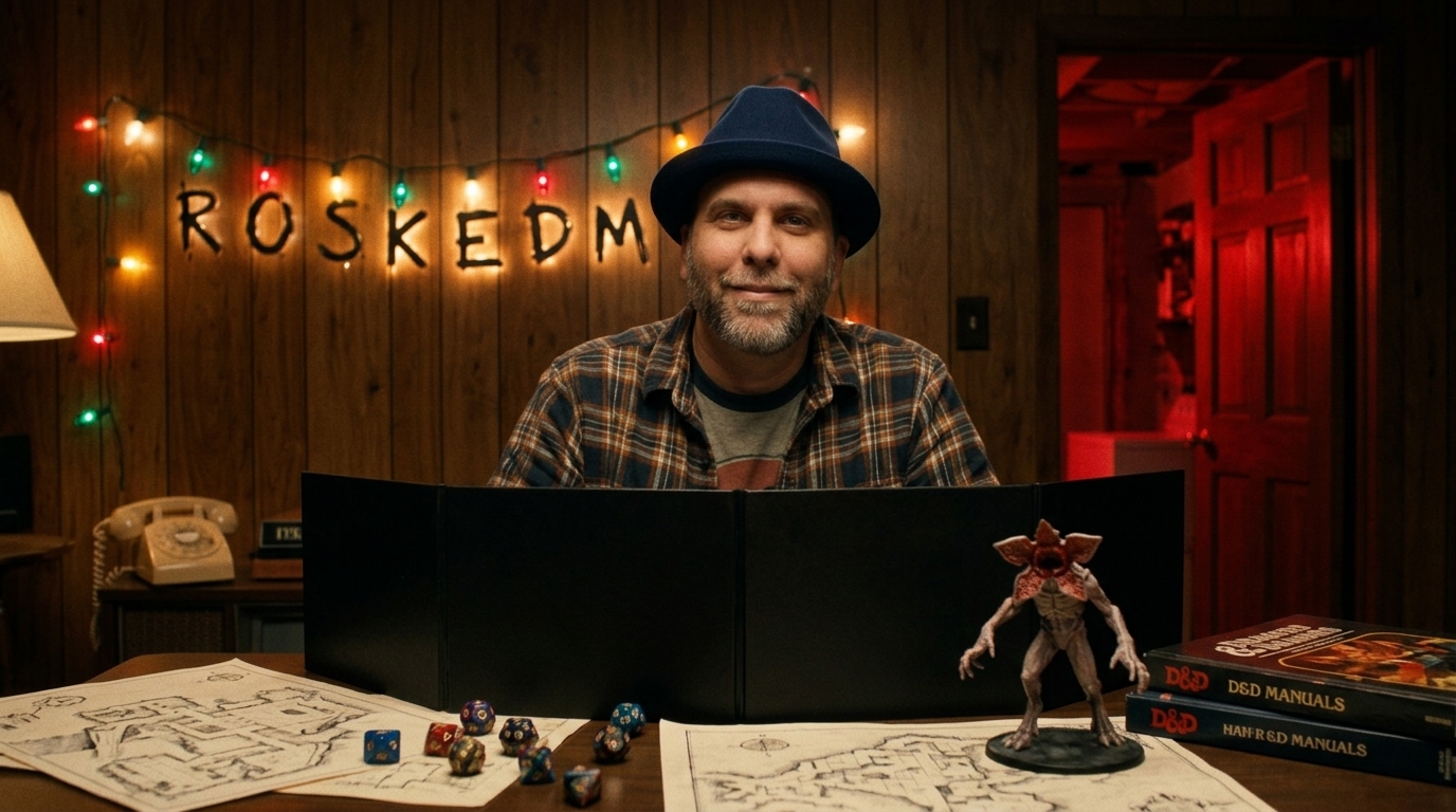 Edward Roske as a 1980s Hawkins basement Dungeon Master in his signature blue fedora, seated behind a DM screen with polyhedral dice, hand-drawn maps, D&D manuals, and a painted Demogorgon miniature. Christmas lights on the wood-paneled wall behind him spell ROSKEDM. A red glow bleeds in from the doorway to the right.