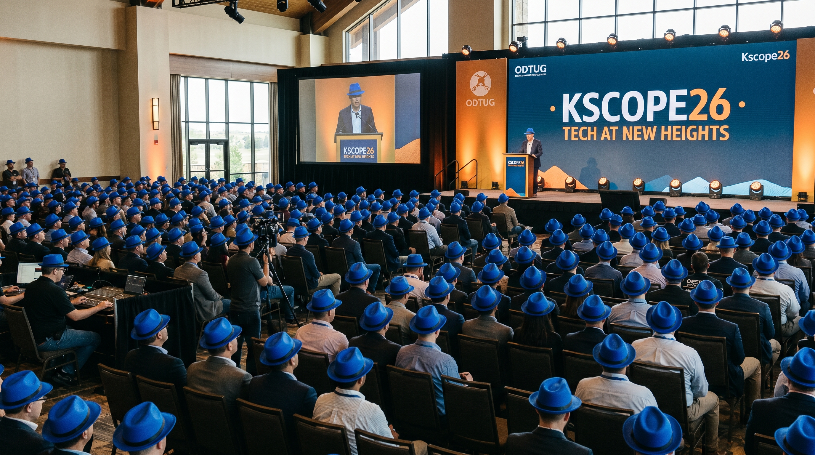 A packed Kscope26 keynote hall at the Gaylord Rockies in Aurora, Colorado. Approximately 600 conference attendees, the presenter on stage, and the AV crew along the wings are all wearing identical royal-blue felt fedora hats. The stage backdrop reads KSCOPE26 TECH AT NEW HEIGHTS with the ODTUG logo. The mood is overwhelming support for the absent honoree.