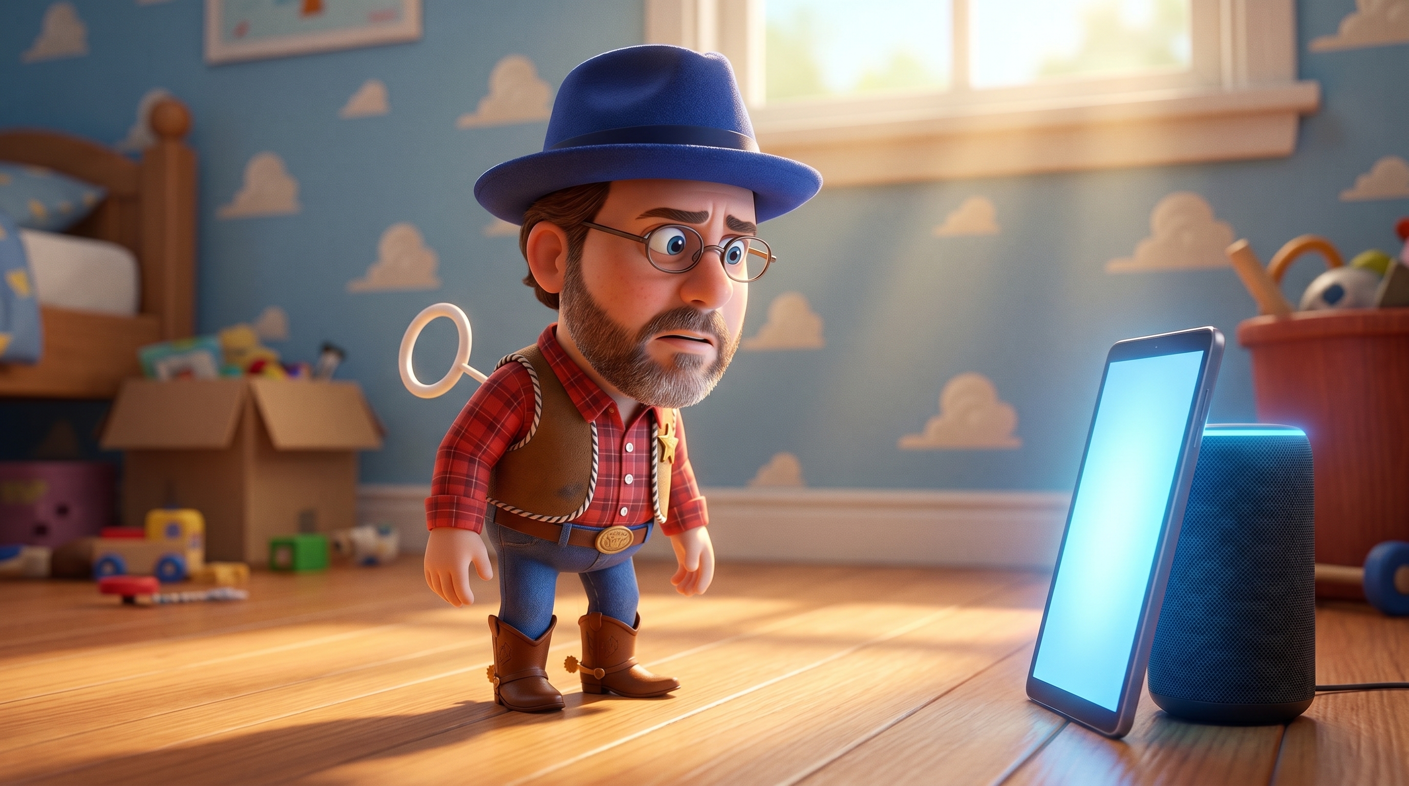 Edward Roske reimagined as a Pixar-style pull-string cowboy toy in a royal-blue felt fedora and round glasses, standing in a warm sunbeam on a child's bedroom floor with cloud wallpaper, eyeing a glowing AI tablet and smart speaker that threaten to replace him as the favorite toy.