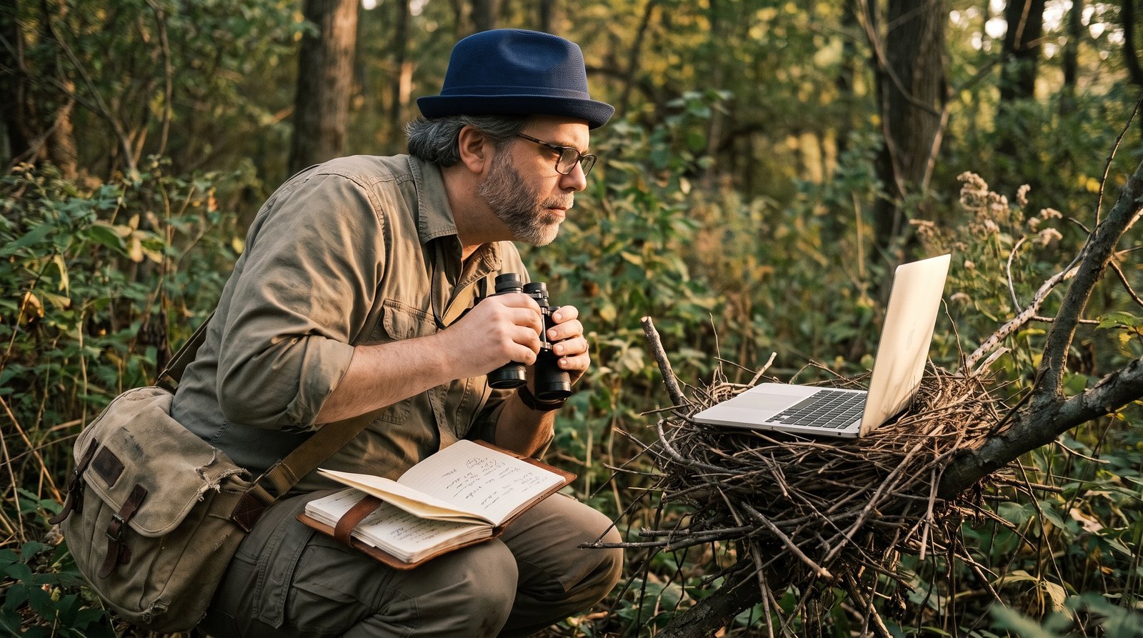 Edward Roske in his signature blue fedora and a khaki field shirt, crouched in dense undergrowth with binoculars and an open field notebook, watching an open laptop that is sitting in a large twig bird's nest.