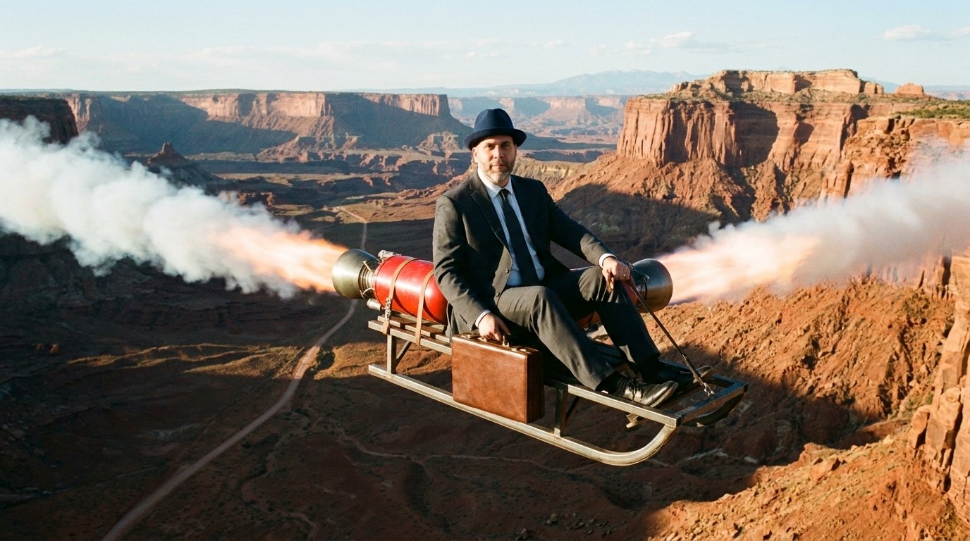 Edward Roske in a charcoal suit and his signature blue fedora, sitting bolt upright on a rocket-powered sled flying over a red-rock desert canyon, a leather briefcase on his lap, expression entirely calm.