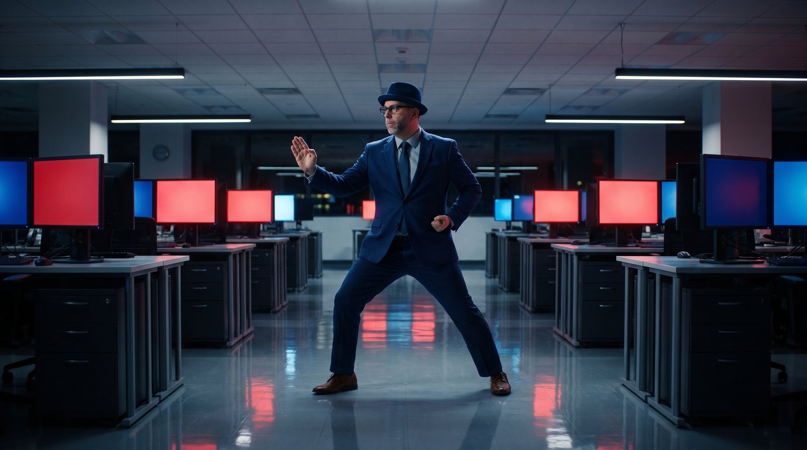 Edward in a navy suit, tie, glasses, and his blue fedora, standing in a calm martial arts ready stance in the aisle of an empty trading floor at night, rows of monitors glowing red and blue on both sides.