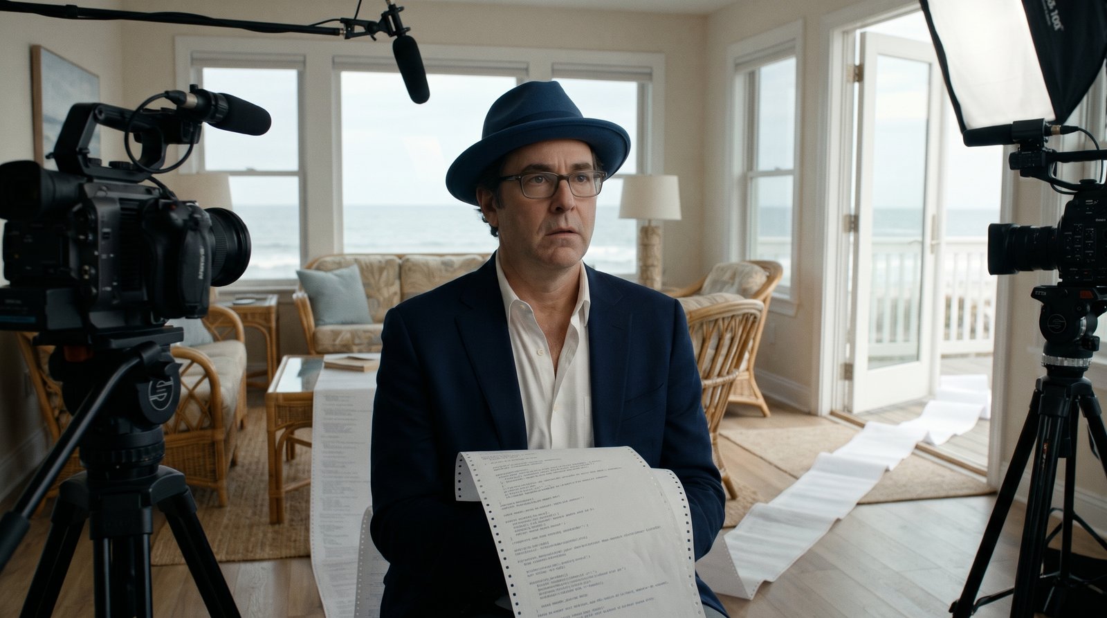 Edward in a navy blazer, glasses, and his blue fedora, sitting in a documentary interview chair in a sunlit beach-house living room between two cinema cameras and a boom microphone, looking off camera with a stunned expression while a fan-fold printout of source code spills off the coffee table, across the floor, and out the patio door.
