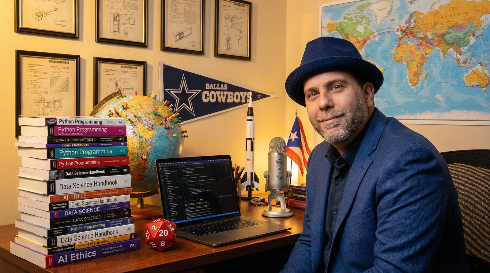Edward Roske at an impossibly cluttered desk with books, a D20 dice, globe, laptop, podcast mic, and a Dallas Cowboys pennant