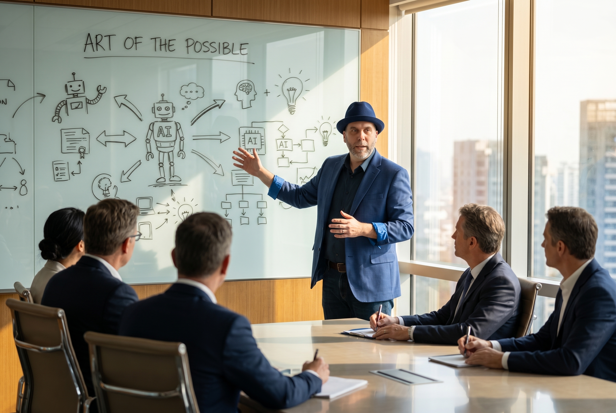 Edward Roske leading an AI: Art of the Possible workshop, gesturing at a whiteboard of AI ideas while executives watch