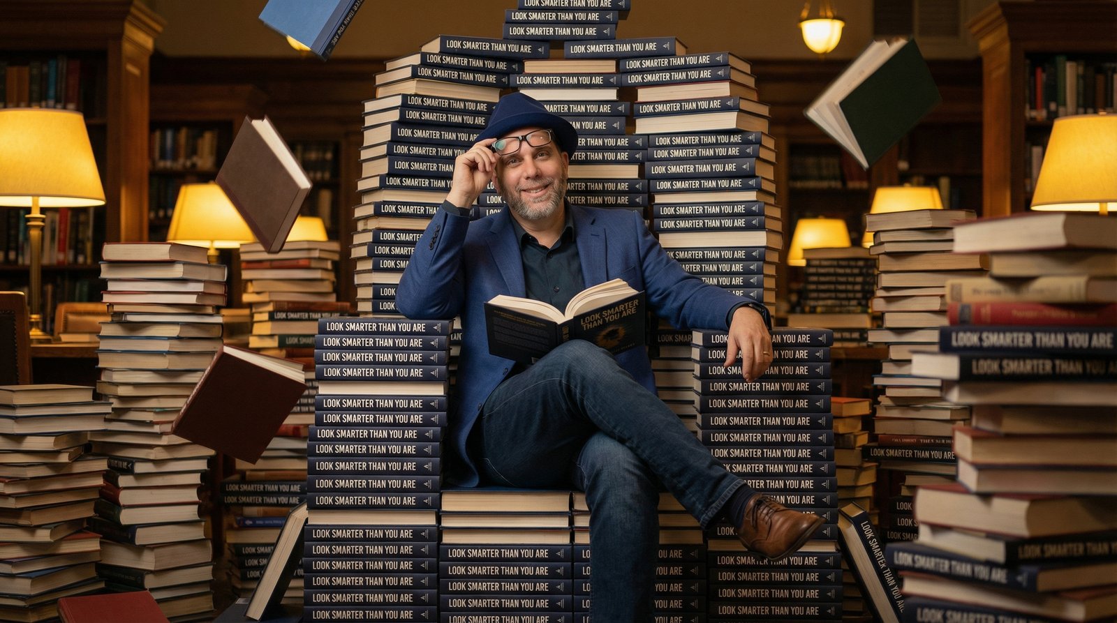 Edward Roske sitting on a throne made of stacked 'Look Smarter Than You Are' books, looking relaxed as the pile threatens to topple
