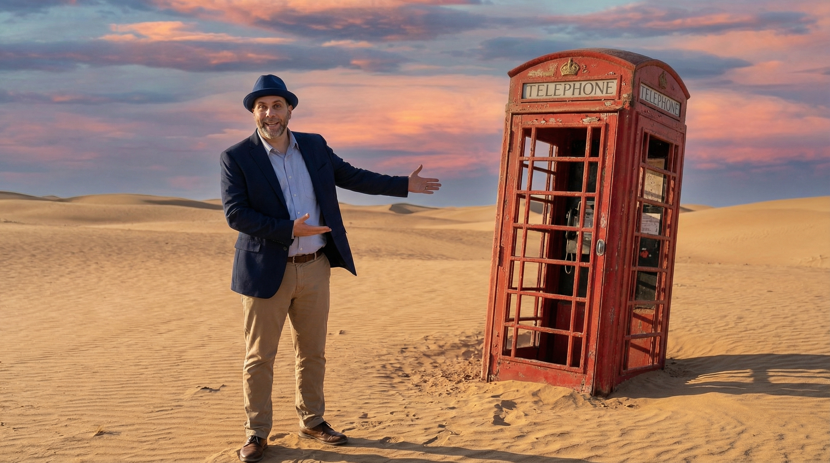 Edward Roske standing next to a red British phone booth in the middle of a desert, gesturing as if to say 'Call me'