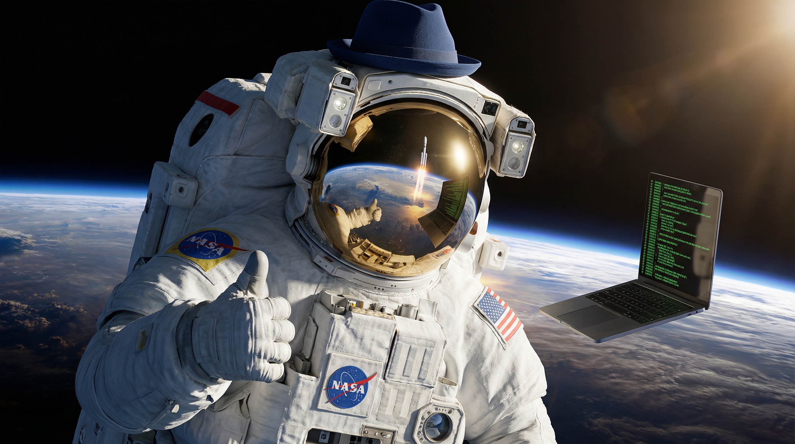 Edward Roske in a spacesuit, floating in space with a laptop, rocket launching behind him. Because launch week.