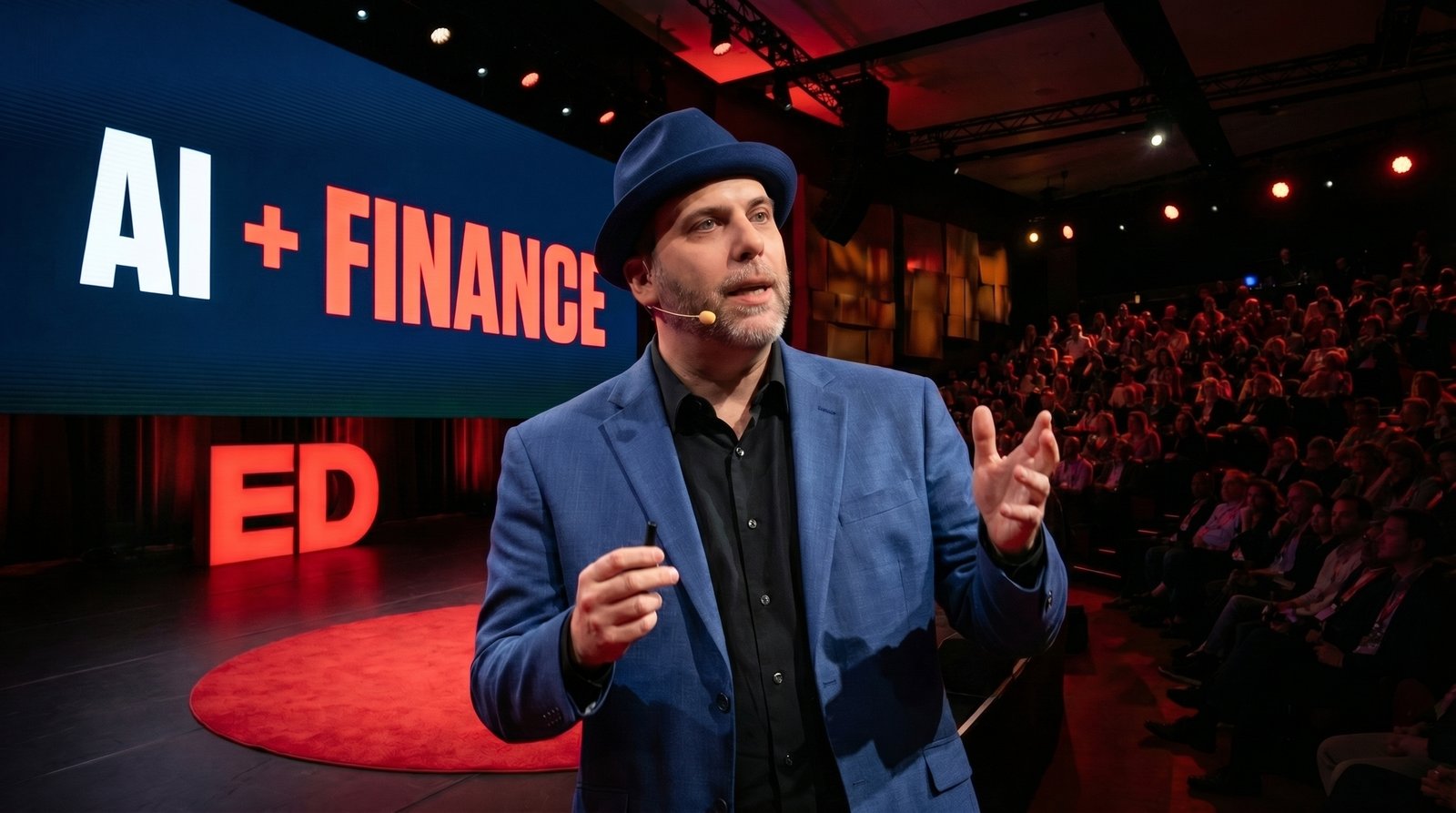 Edward Roske giving a keynote on a TED Talk stage with AI + FINANCE displayed behind him