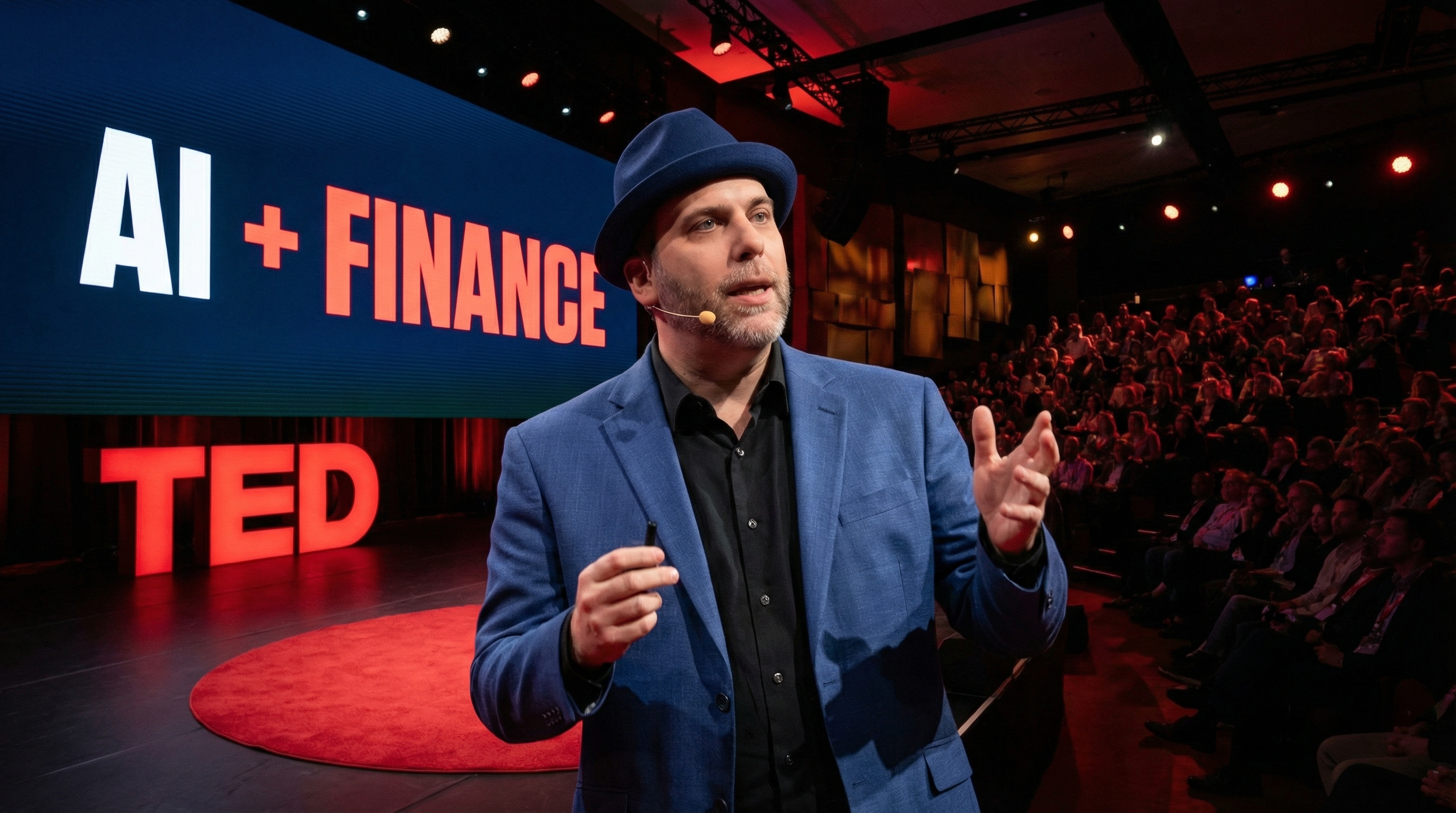 Edward Roske giving a keynote on a TED Talk stage with AI + FINANCE displayed behind him