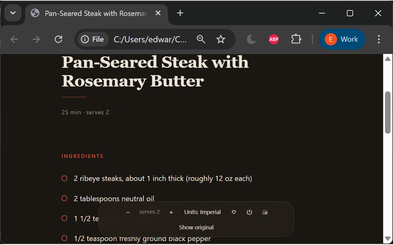 The same recipe in Only Recipes: a clean 'Pan-Seared Steak with Rosemary Butter' card with check-off ingredients and a control bar for servings, units, saving, and auto-show.