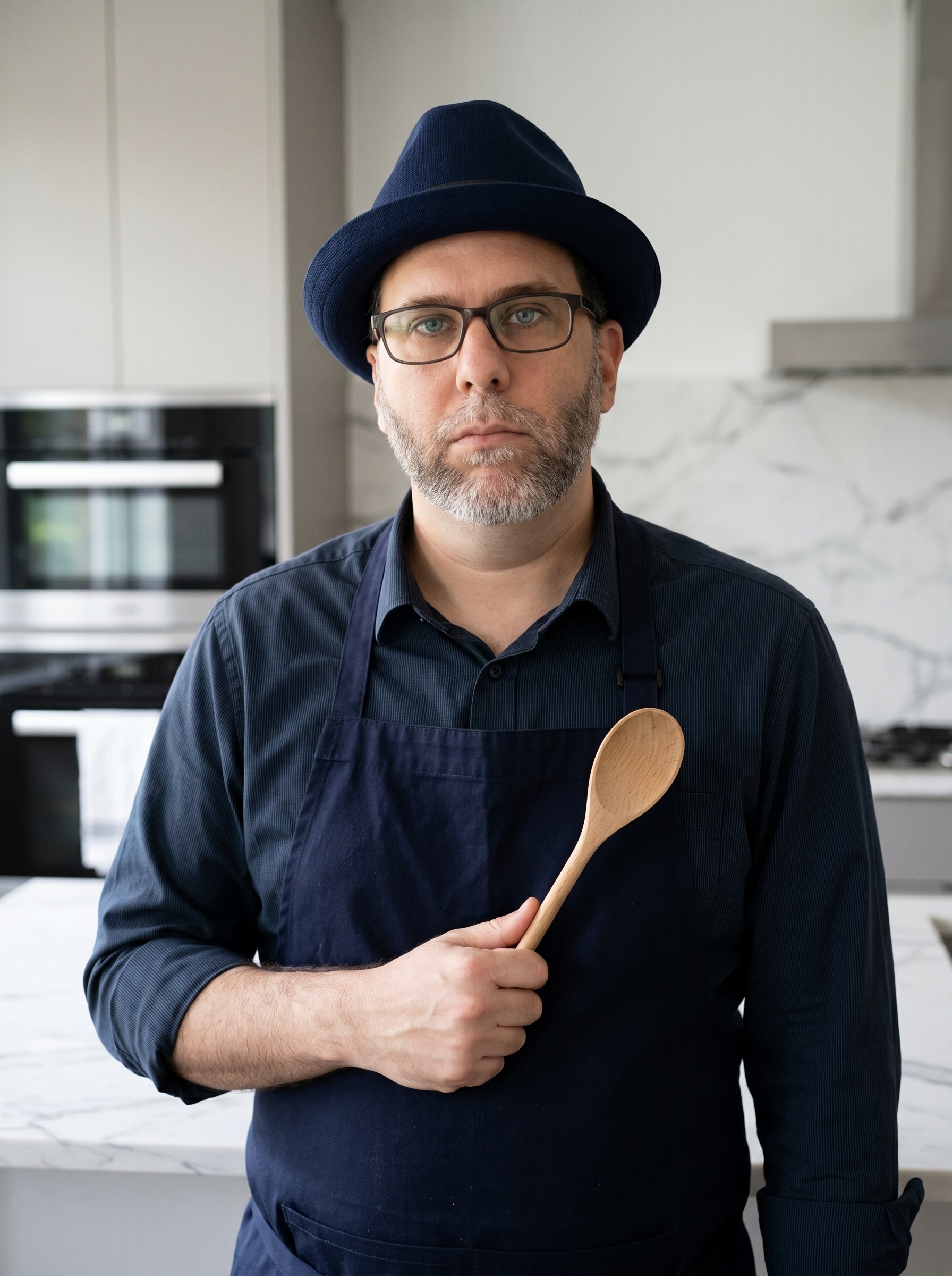 Edward Roske in his signature blue fedora and a dark apron, holding a wooden spoon in a spotless modern kitchen, looking mildly unimpressed.