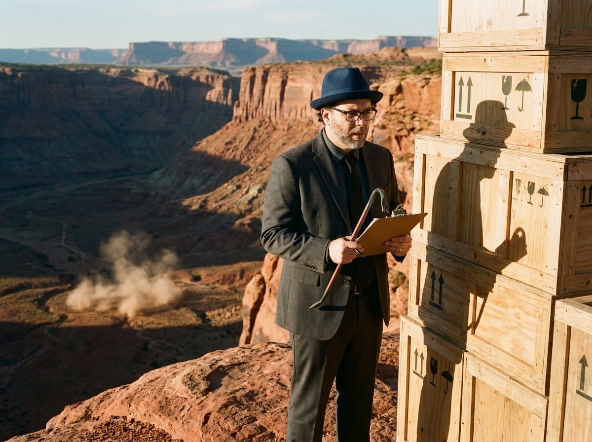 Edward Roske in a dark suit and blue fedora at the edge of a red-rock canyon, holding a clipboard and a crowbar, checking a tall stack of freshly delivered wooden crates marked with arrows and fragile symbols, a small dust cloud settling on the canyon floor far below.
