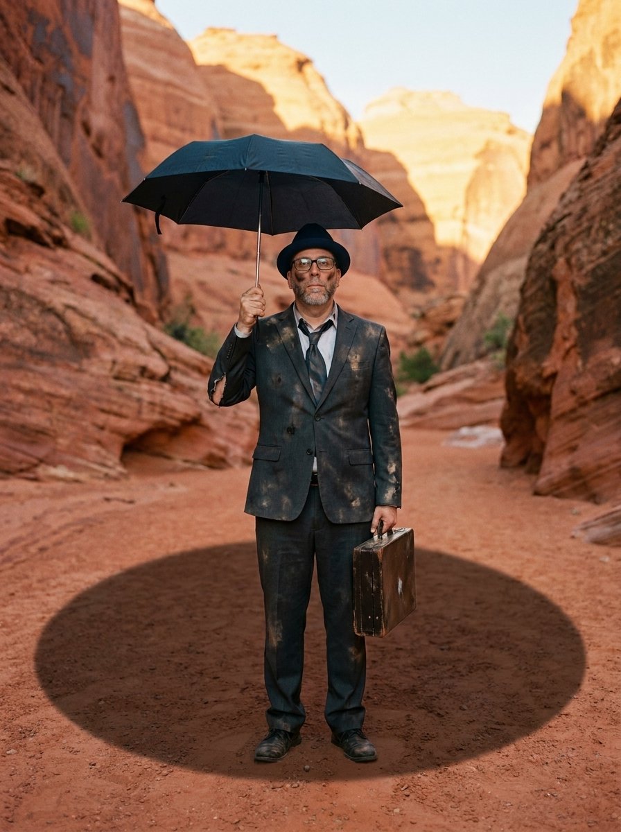 Edward Roske standing at the bottom of a red-rock canyon in a scorched, dust-covered suit with soot on his cheek, holding a small black umbrella over his head with one hand and a scuffed briefcase in the other, his blue fedora still perfectly in place, as the round shadow of a falling boulder darkens the sand around him.