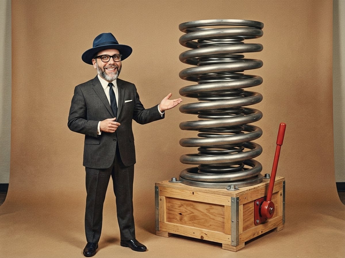 A vintage catalog-style studio photograph of Edward Roske in a dark suit and blue fedora, smiling like a salesman and gesturing at a refrigerator-sized coiled steel spring bolted to a wooden crate with a big red lever on the side.