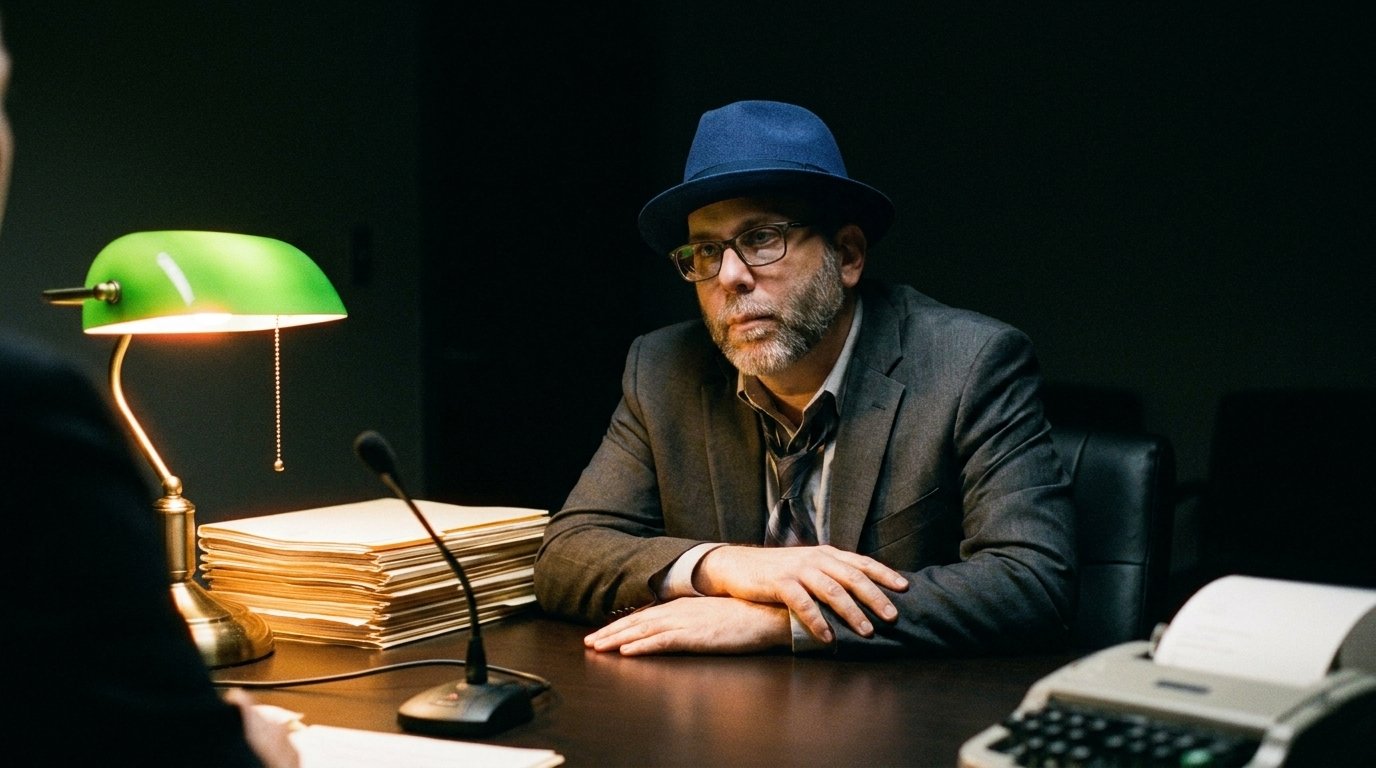Edward Roske in a loosened tie and his blue fedora, seated at a dark conference table late at night under a single green banker's lamp, hands folded, a stack of manila folders and a microphone in front of him and a stenographer's machine at the edge of the table.