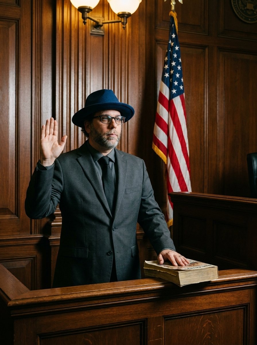 Edward Roske in a charcoal suit and his blue fedora standing in a wood-paneled courtroom witness box, right hand raised to be sworn in, his left hand resting on a thick, battered mail-order catalog.