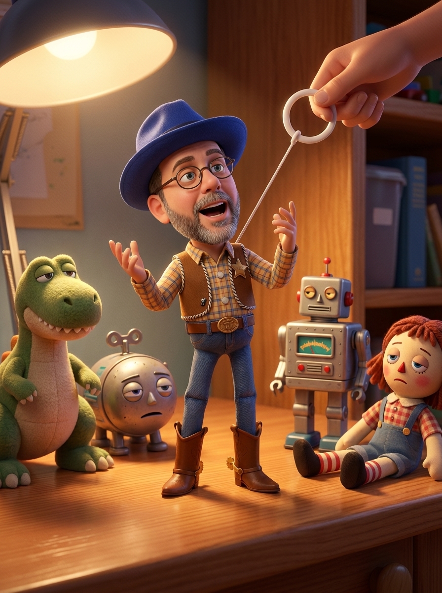 Pull it once and he explains agentic AI to a dinosaur, a robot, and a doll who did not ask. By now the string is decorative. He keeps going regardless.