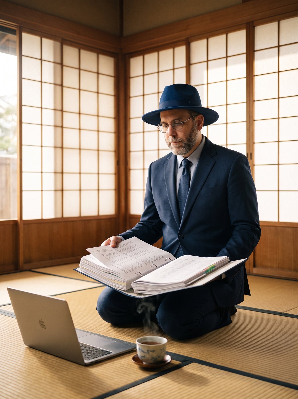 Edward in a navy suit, tie, and blue fedora, kneeling on a tatami mat in a quiet wooden dojo, studying an enormous open binder of accounting printouts, a laptop and a cup of tea beside him.