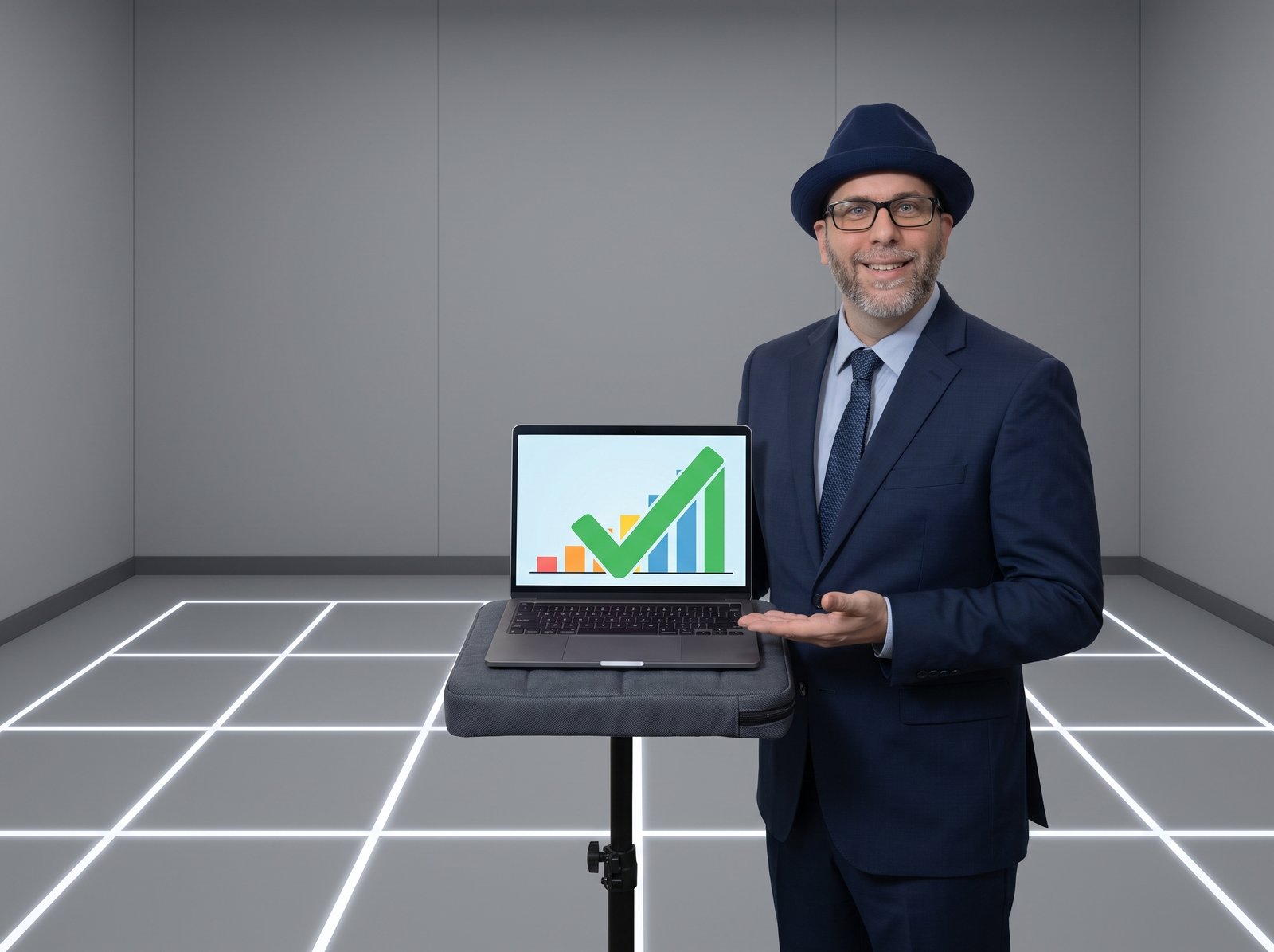 Edward in a navy suit and blue fedora, beaming, presenting a laptop on a padded stand in an empty grey simulator room with a glowing grid floor; the laptop shows a rising bar chart with a giant green checkmark.