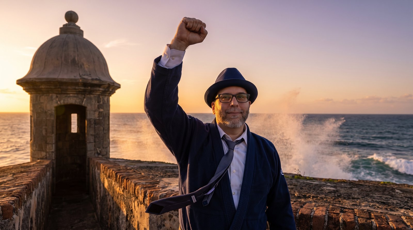 Edward in a navy jacket, loose tie, and blue fedora, one fist raised in victory on the stone walls of El Morro in San Juan at sunset, a round sentry box beside him and waves breaking behind.