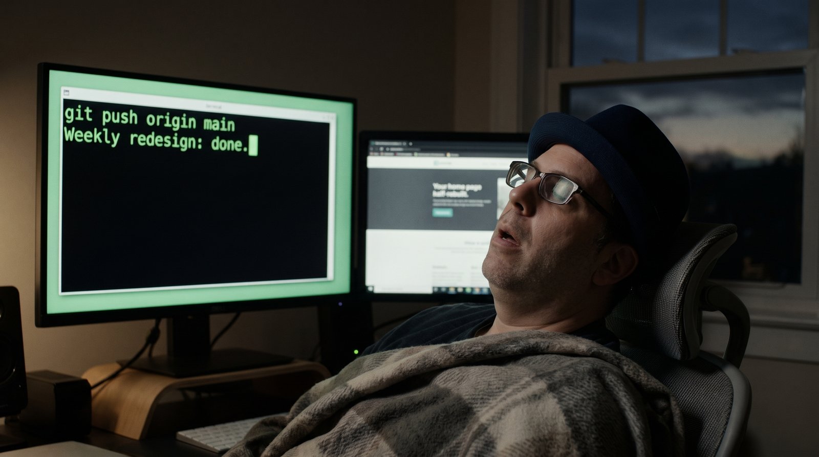 Edward asleep in a desk chair in a dark home office before dawn, head tilted back, blanket half over him, blue fedora still on, his face lit cold green by a monitor showing a terminal window that reads git push origin main.