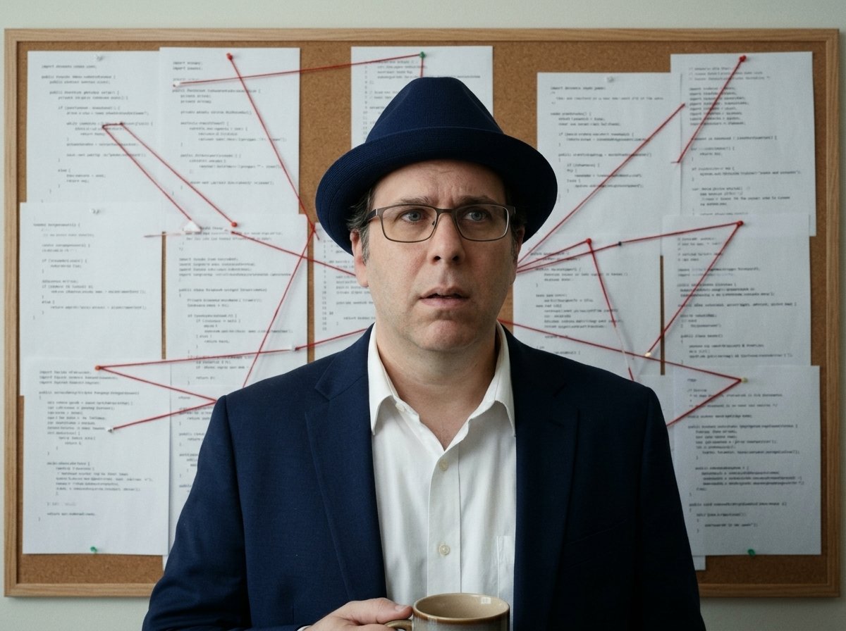 Edward in a navy blazer and blue fedora standing in front of a corkboard covered edge to edge in printed pages of source code, git logs, and website screenshots, pinned with red pushpins and connected by red string, holding a marker and a coffee mug and looking baffled.