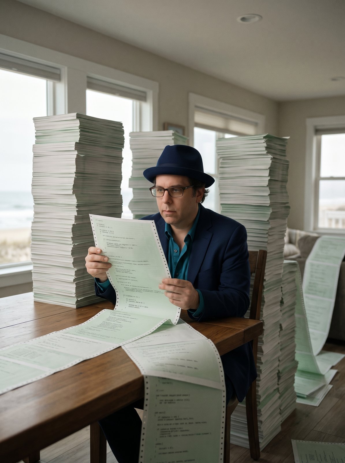 Edward in a navy blazer, glasses, and his blue fedora at the end of a long dining table in a bright beach house, holding up page one of an enormous fan-fold printout of source code, with towering stacks of the rest of the printout around him and more pages spilling off the far end of the table.