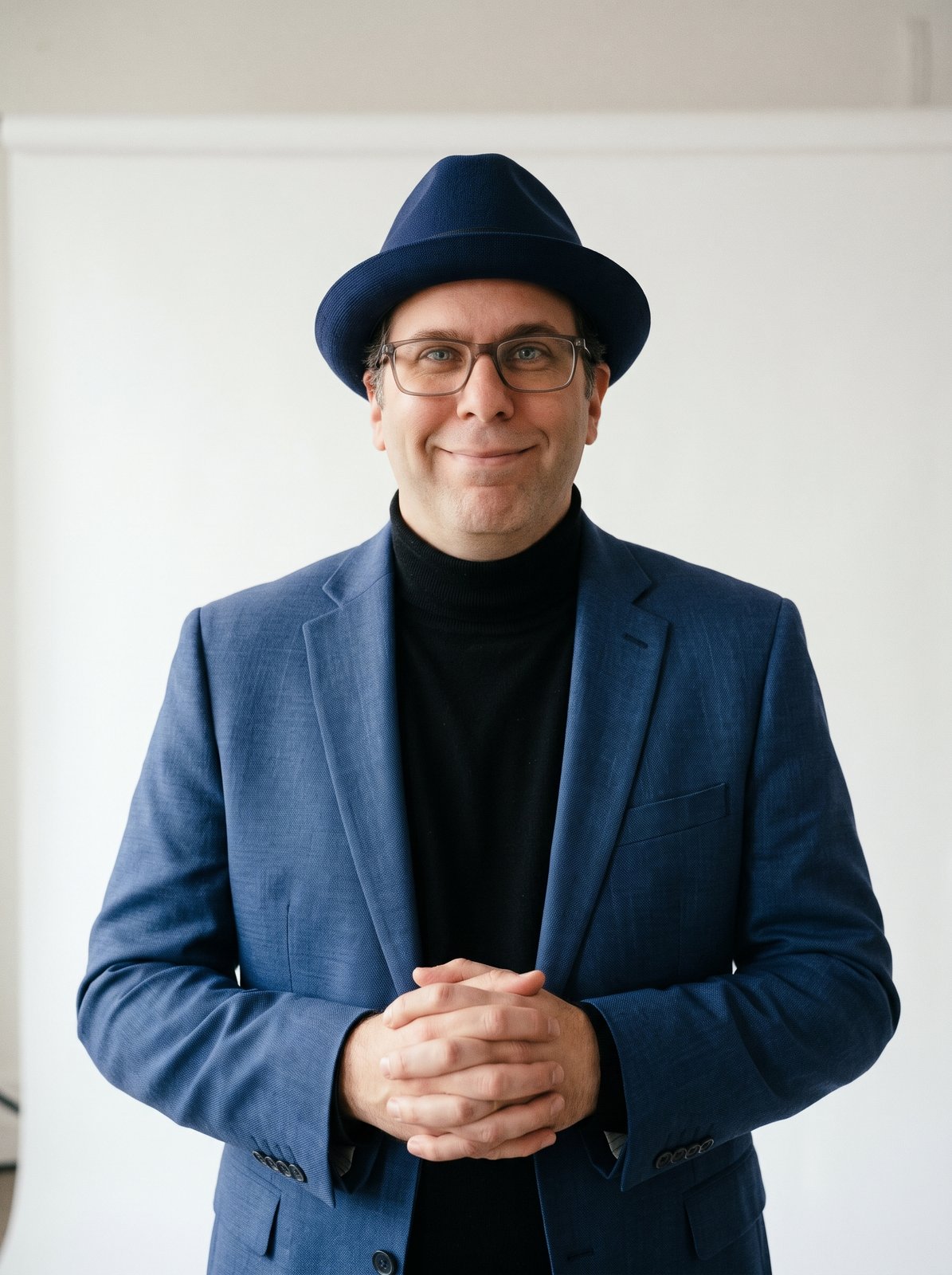 Edward posing for a formal founder portrait in a black turtleneck under a blue blazer against a seamless white studio backdrop, hands clasped in front of him, blue fedora on, smiling politely.